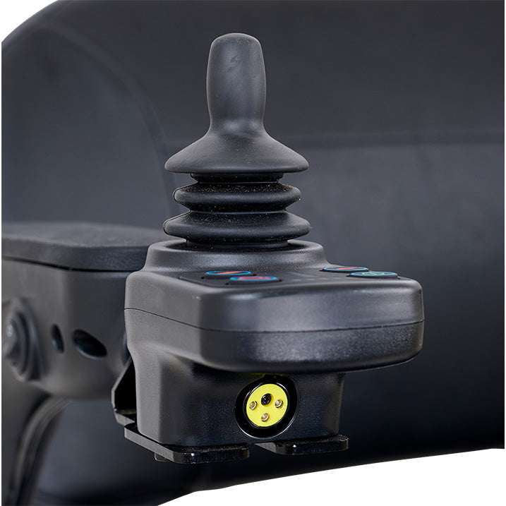 Joystick controller with buttons and a yellow connector on a dark background