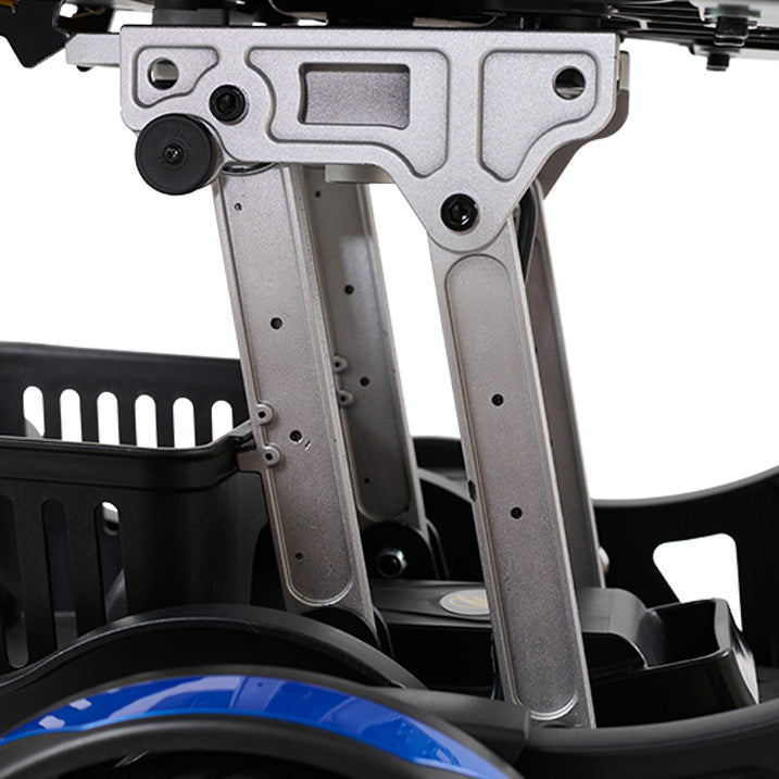 Close-up of a mechanical component with metal parts and a blue wheel on a white background