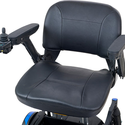 Black electric scooter with a large seat and armrests on a white background