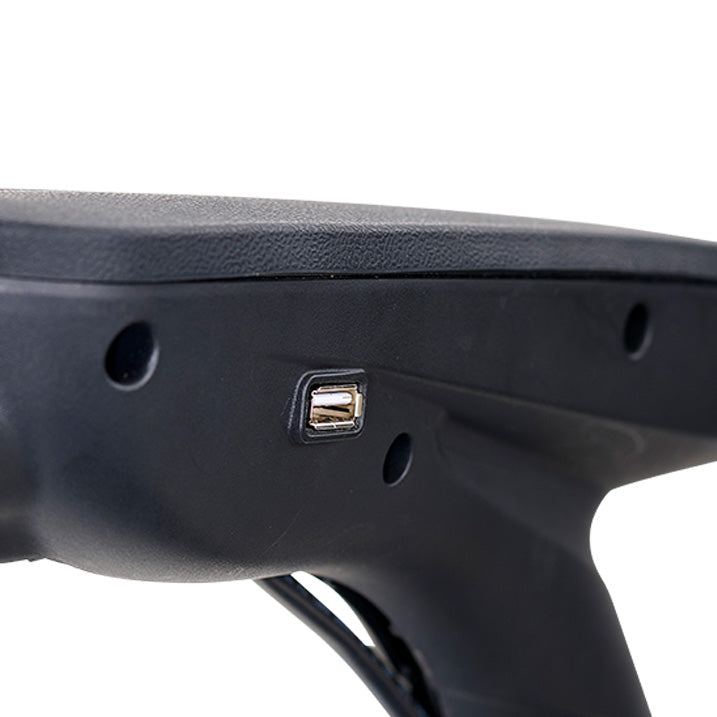 Close-up of a black gun stock with a visible brand logo on a white background