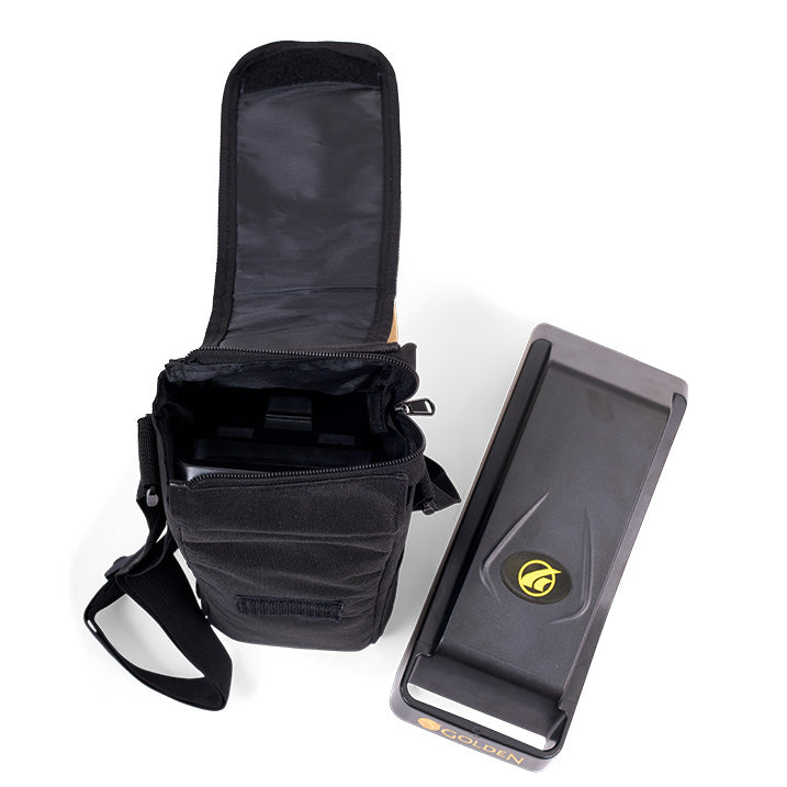 Black bag with a compartment open, showing a phone case with a visible brand logo on a white background.