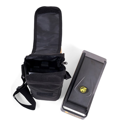 Black bag with a compartment open, showing a phone case with a visible brand logo on a white background.