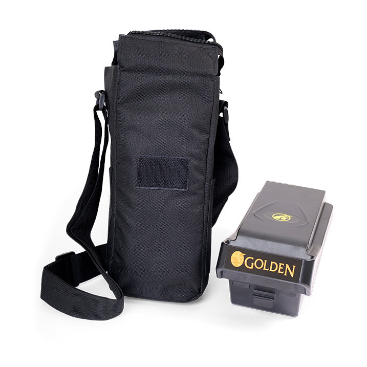 Black bag with a strap and a small gray device labeled 'GOLDEN' on a white background