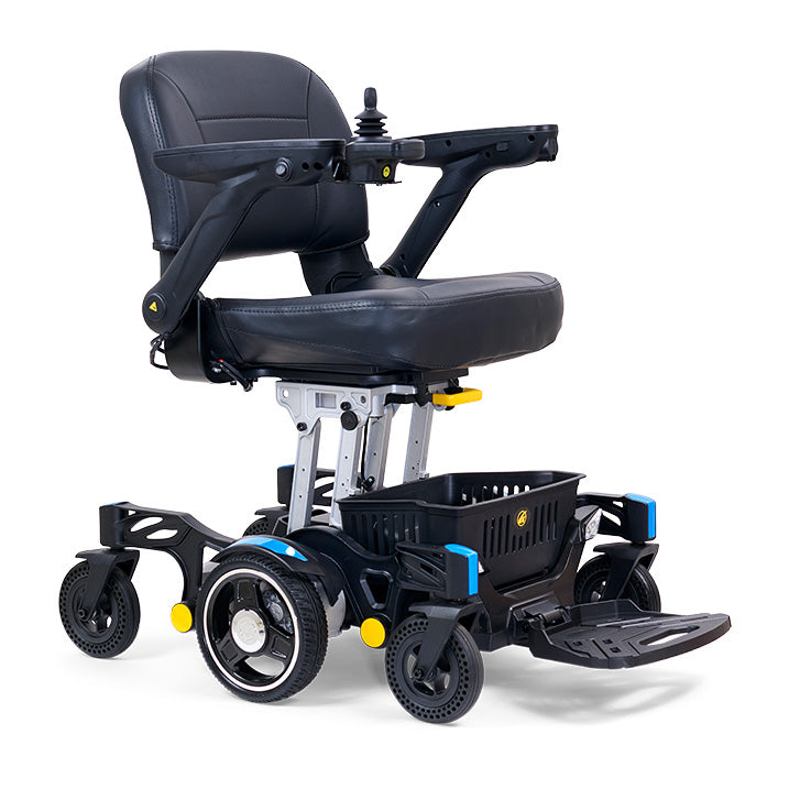 Black electric wheelchair with adjustable seat on a white background