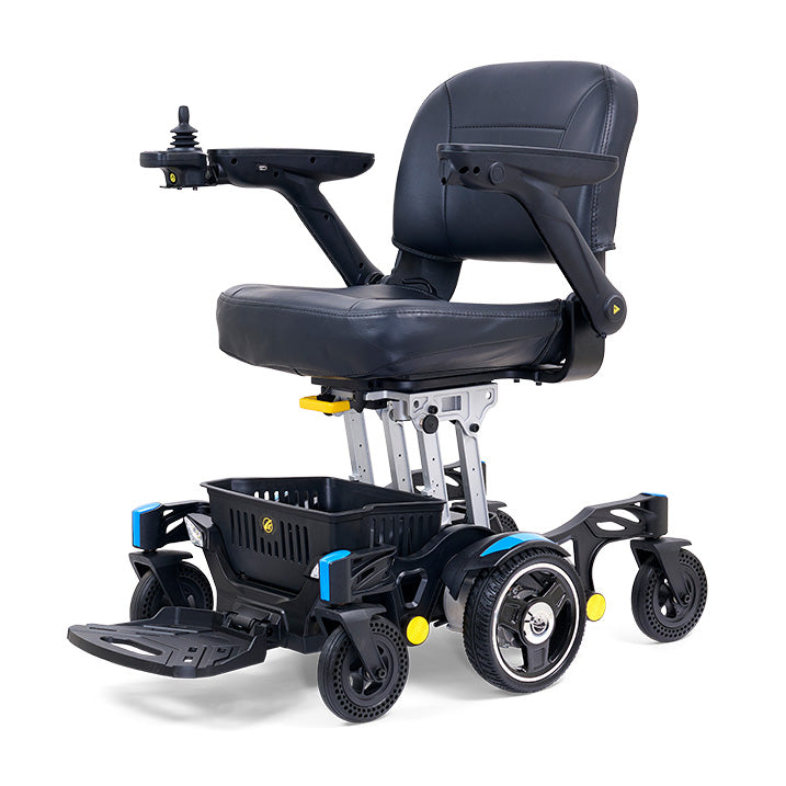 Black electric wheelchair with armrests and footrest on a white background