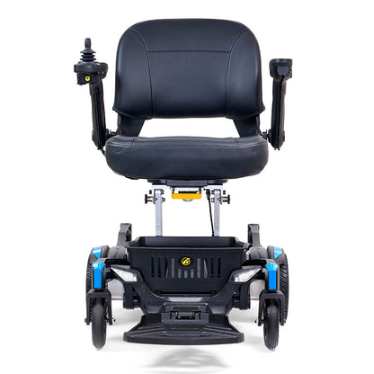 Black electric wheelchair with a white background